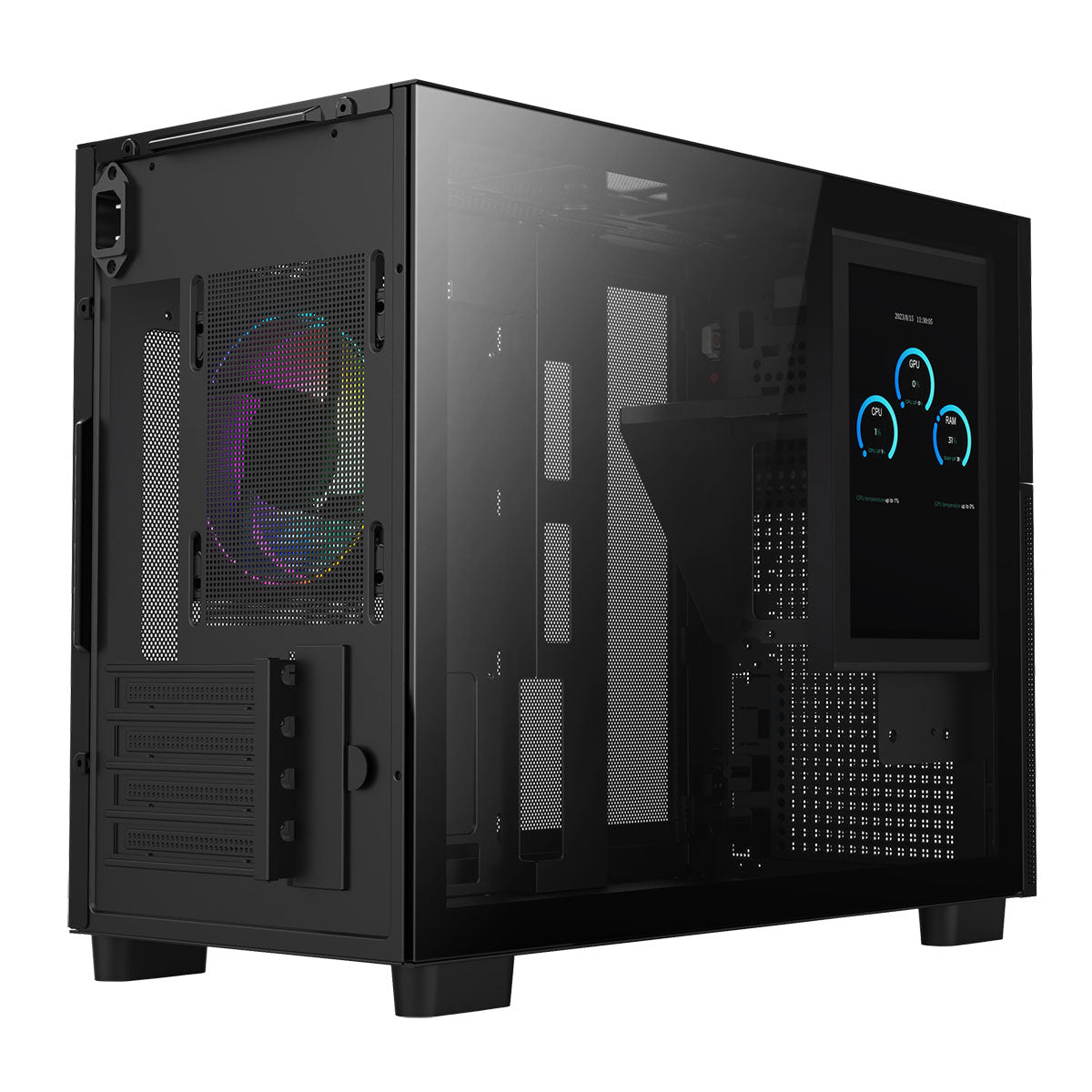 CiT Pro Jupiter Black Micro-ATX PC Gaming Case with 8 Inch LCD Screen 1 x 120mm Infinity Fan Included, USB-C, Tempered Glass Side Panel.