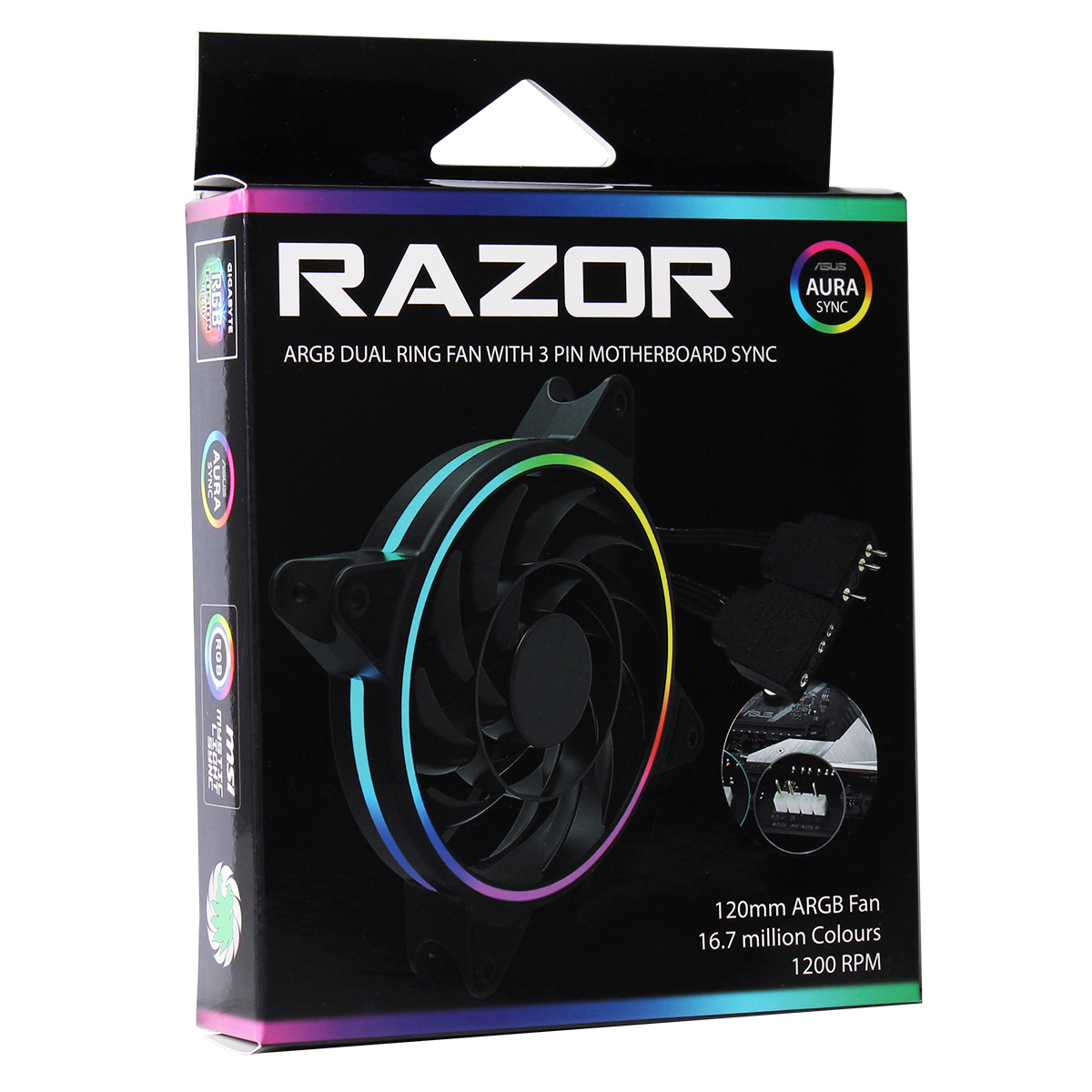 Razor 12cm Rainbow ARGB PC Case Fan RTB 3pin MF Aura Header 3pin/4pin Power