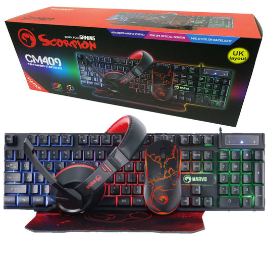 Marvo Scorpion 4-in-1 Gaming Bundle, Keyboard, Headset, Mouse and Mouse Pad, Wired USB 2.0, 7 Colour Backlit, Noise Isolating Headset