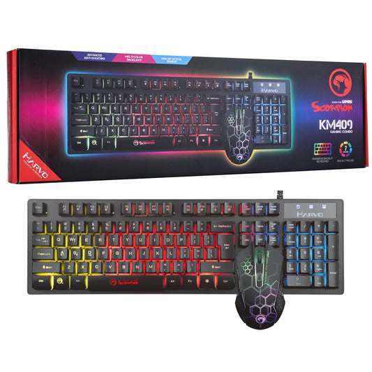 Marvo Scorpion Gaming Keyboard and Mouse Bundle, 7 Colour LED Backlit, USB 2.0, Compact Design, Mouse with Adjustable dpi