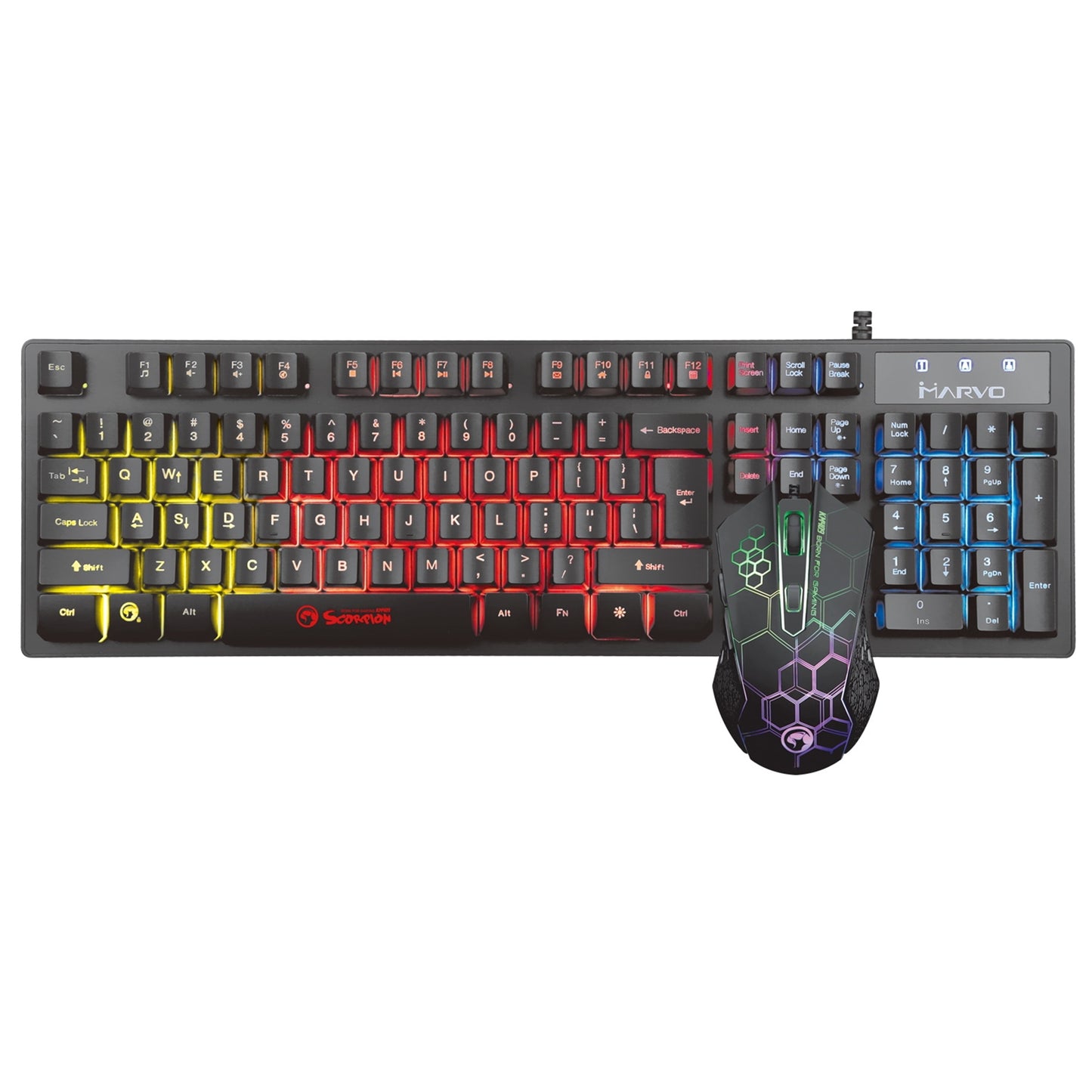Marvo Scorpion Gaming Keyboard and Mouse Bundle, 7 Colour LED Backlit, USB 2.0, Compact Design, Mouse with Adjustable dpi