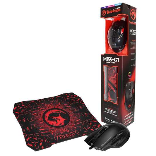 Marvo Scorpion M355+G1 Gaming 6400 DPI Mouse and G1 Mouse Pad, USB, Ergonomic design with 7 Colour LED