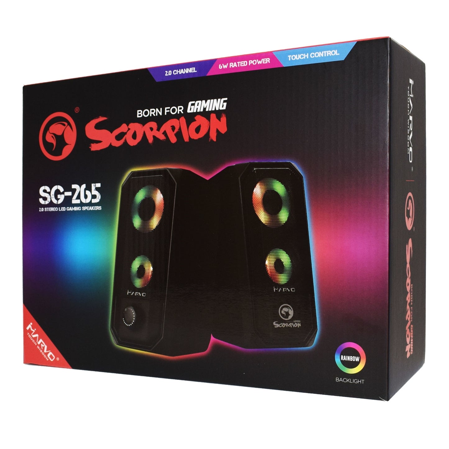 Marvo Scorpion SG-265 Gaming Speakers, Stereo Sound, USB Powered, 7 Colour RGB Lighting, 6w, 3.5mm, Touch Sensitive For ON/OFF Control, Black